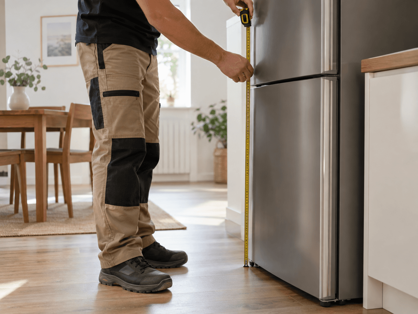 Professionnel du déménagement mesurant la hauteur d’un réfrigérateur